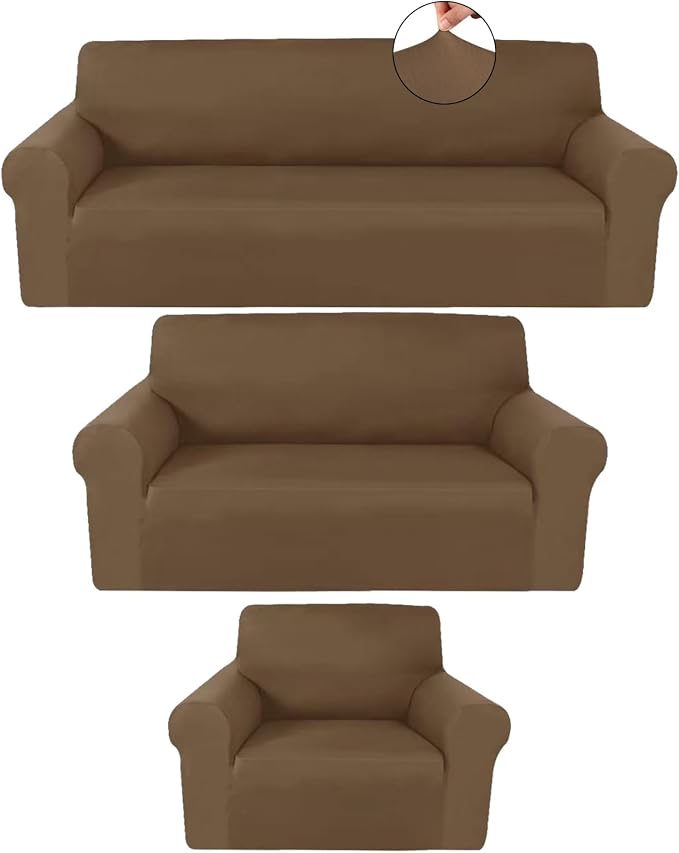 Peryiter 3 Pcs Couch and Loveseat Sofa Covers,Chocolate,Milk Silk | Armchair Covers for Living Room, Sofa Cushion Slipcover, Furniture Protector, Polyester and Spandex, Washable