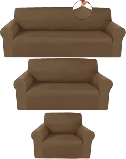 Peryiter 3 Pcs Couch and Loveseat Sofa Covers,Chocolate,Milk Silk | Armchair Covers for Living Room, Sofa Cushion Slipcover, Furniture Protector, Polyester and Spandex, Washable