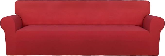 PureFit Stretch Couch Covers for Sofa 4 Seater Slipcovers Red | 1-Piece Sofa Cover Washable Soft Couch protector, Couch Slipcover with Non Skid Foam and Elastic Bottom for Kids, Dogs