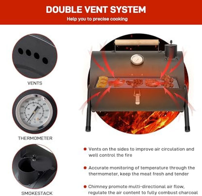 Portable Charcoal Grill - Heavy-Duty Outdoor BBQ with Thermometer & Doors, Perfect for Camping, Beach, Garden, Patio & Backyard, 42x30x36cm, Stylish Black Finish