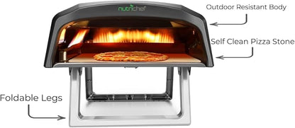 NutriChef Portable Outdoor Gas Pizza Oven - Includes Foldable Feet, Adjustable Heat Control Dial, Burner, Stone & Regulator Hose - Cooks 12" Pizza in 60 Seconds - 25.24'' x 16.14'' x 12.40'' IN