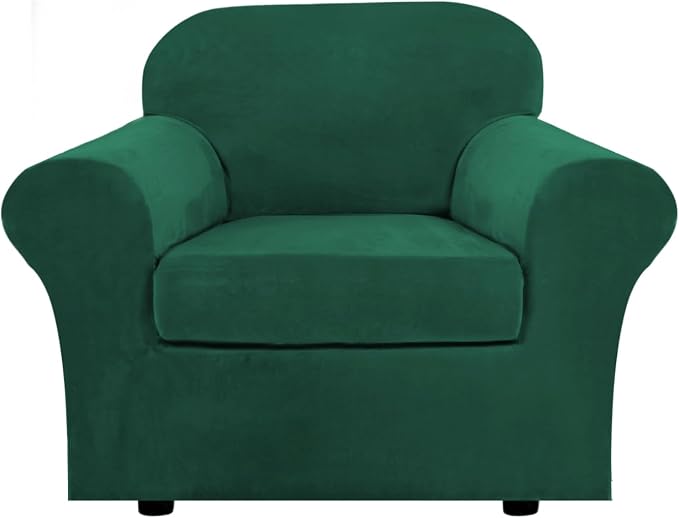 H.VERSAILTEX Rich Velvet Stretch 2 Piece Cover Chair Slipcover Sofa Cover Furniture Protector Couch Soft with Elastic Bottom Chair Couch Cover Width Up to 49 Inch (Chair, Vintage Green)