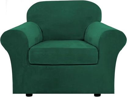 H.VERSAILTEX Rich Velvet Stretch 2 Piece Cover Chair Slipcover Sofa Cover Furniture Protector Couch Soft with Elastic Bottom Chair Couch Cover Width Up to 49 Inch (Chair, Vintage Green)