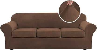 H.VERSAILTEX High Stretch Sofa Slipcover 4 Piece Cover Velvet Furniture Protector Form Fit Thick Velvet Extra Large Sofa Cover for 3 Cushion Couch Width Up to 97 Inch (Large Sofa, Caramel Cafe)