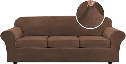 H.VERSAILTEX Velvet 4 Piece High Stretch Sofa Slipcover Cover Furniture Protector Form Fit Luxury Thick Velvet Extra Large Sofa Cover for 3 Cushion Couch Width Up to 105 Inch (XL Sofa, Caramel Cafe)
