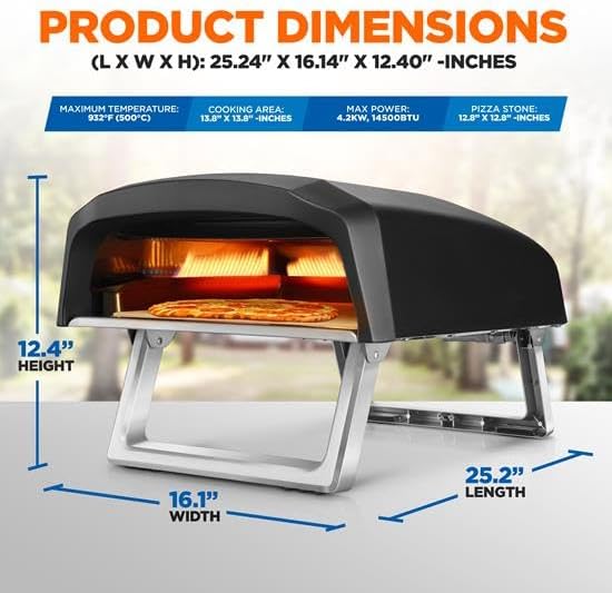 NutriChef Portable Outdoor Gas Pizza Oven - Includes Foldable Feet, Adjustable Heat Control Dial, Burner, Stone & Regulator Hose - Cooks 12" Pizza in 60 Seconds - 25.24'' x 16.14'' x 12.40'' IN
