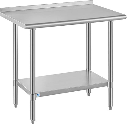 ROCKPOINT All Stainless Steel Perp Table with Backsplash 24x36 Inch, Commercial Heavy Duty Table with Stainless Legs & Adjustable Undershelf, 750 lb Capacity for Restaurant,Home and Outdoor Kitchens