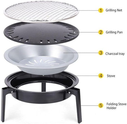Portable Charcoal Grill, 12.6" Folding Barbecue Charcoal Grill, with Round Removable Grilling Net Grilling Pan Net Grabber, Easy To Clean, Mini BBQ Grill for Outdoor Cooking Camping Picnic