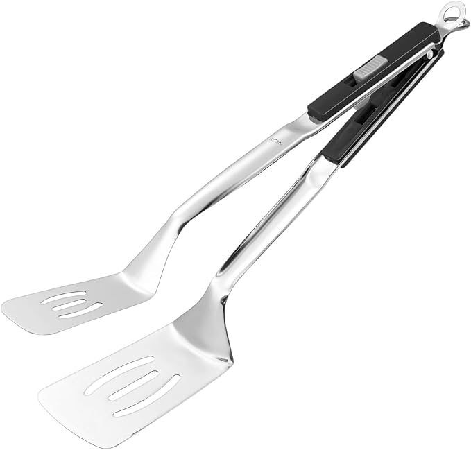 M METERXITY Spatula Tongs, 13.4 Inch 304 Stainless Steel Anti-Scald Extended Multifunctional Flipper Grill Clamp for Cooking/Barbecue, Kitchen Cooking Tongs [Black Handle, Silver Tone]