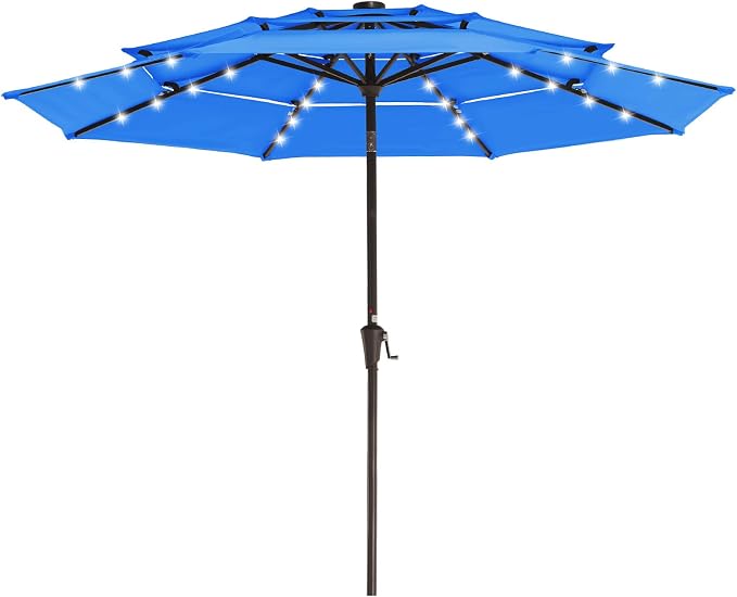 JEAREY 9 ft 3-Tier Outdoor LED Lighted Patio Umbrella w/Crank, Royal Blue | Solar Market Table Umbrella with 8 Sturdy Ribs, UV Protection Waterproof Sunproof for Garden, Deck and Backyard