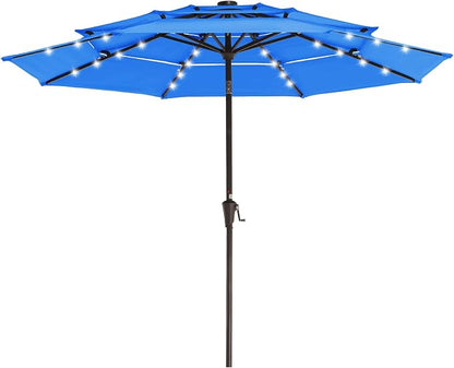 JEAREY 9 ft 3-Tier Outdoor LED Lighted Patio Umbrella w/Crank, Royal Blue | Solar Market Table Umbrella with 8 Sturdy Ribs, UV Protection Waterproof Sunproof for Garden, Deck and Backyard