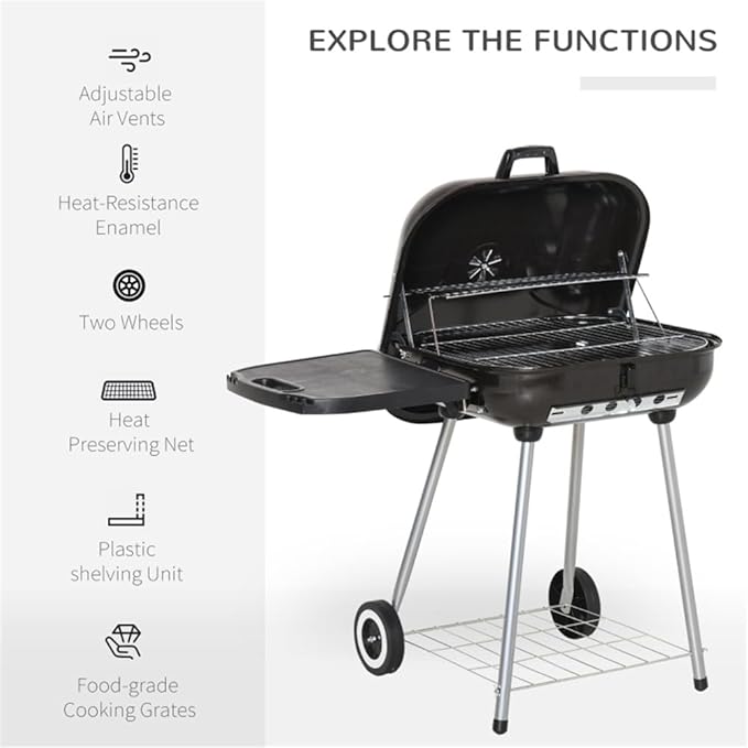 Portable Charcoal Grill with Lockable Lid & Wheels - 35 Inch Outdoor BBQ Grill for Camping, Picnics, Backyard - Porcelain-Enameled Bowl, Adjustable Damper, Warming Grate, Foldable Shelf - Rust-Resista
