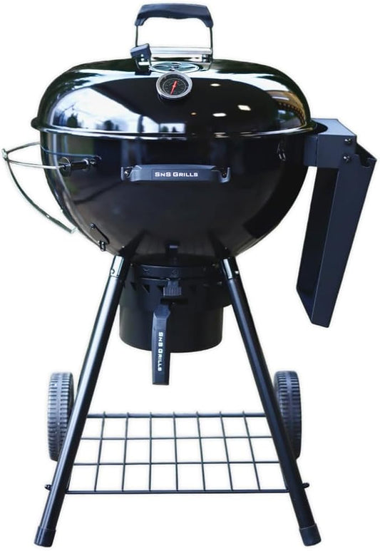Slow 'N Sear SnS Grills 22-inch Black Edition Kettle Grill with Folding Side Shelf, Porcelain Enamel Finish, Deluxe Insert, EasySpin Grate, Built-in Thermometer- 2026 Version