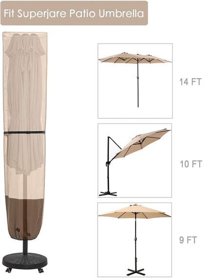 SUPERJARE Patio Umbrella Cover with Rod for 7 to 11 Ft Umbrellas & 15 Ft Double-Sided Umbrellas, 600D Protective Waterproof Cover with Zipper, Beige & Brown