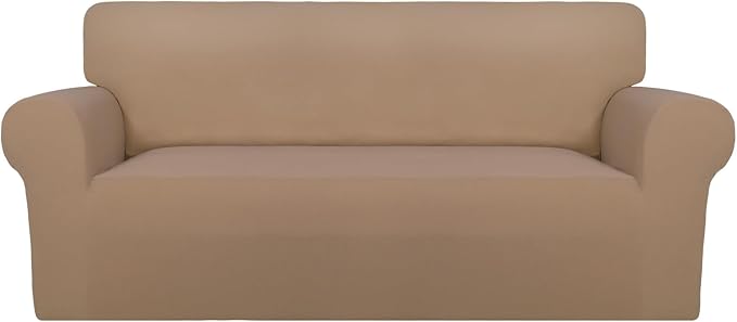 PureFit Super Stretch Sofa Slipcover – Spandex Non Slip Soft Couch Sofa Cover, Washable Furniture Protector with Non Skid Foam and Elastic Bottom for Kids, Pets (Oversized Loveseat, Camel)