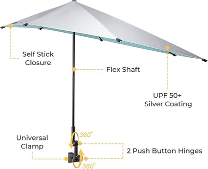 G4Free Beach Chair Umbrella with Universal Clamp UPF 50+ Golf Cart Umbrella | 46"x44" Large Canopy Sun Umbrella UV Protection, Adjustable Clamp for Beach Chair/Wheelchair/Stroller, 360° Flex Shaft, 7 Rib