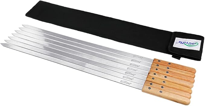 Goutime 23 X 5/8 Inch Stainless Steel Shish Kabob Barbecue BBQ Skewers with Wood Handle for Outdoor Cooking Grilling, Set of 7 with Bag