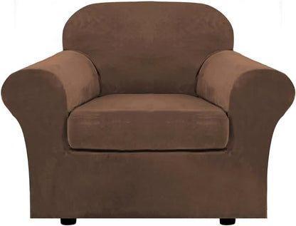 H.VERSAILTEX Rich Velvet Stretch 2 Piece Cover Chair Slipcover Sofa Cover Furniture Protector Couch Soft with Elastic Bottom Chair Couch Cover with Arms Width Up to 49 Inch(Chair, Caramel Cafe)