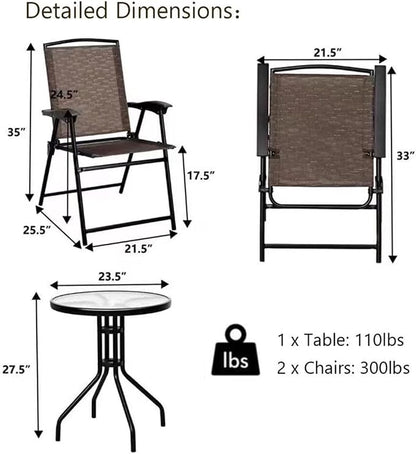 LDAILY LUARANE 3 Piece Patio Bistro Set, Outdoor Table and Chairs Set, 2 Folding Chairs & Coffee Table w/Textured Glass Tabletop, Small Patio Furniture Set for Balcony, Front Porch, Backyard & Garden