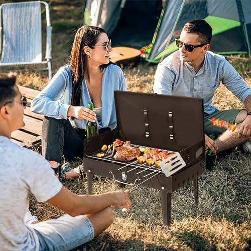 Portable Charcoal Grill 40cm - Heavy-Duty BBQ Smoker with Thermometer & Dual Doors, Perfect for Camping, Beach, Garden, Patio & Backyard - Compact Black 44x27x7cm