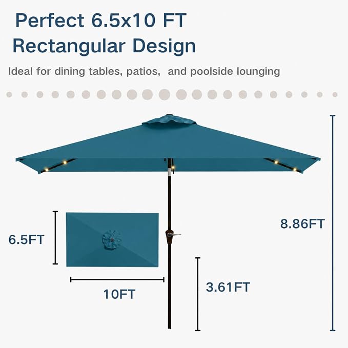 6.5 x 10ft Rectangular Patio Umbrella with Solar Lights, 16 LED Lighted Market Umbrella with Push-Button Tilt and Crank, 6 Sturdy Iron Ribs for Garden, Deck, Pool, Lake Blue