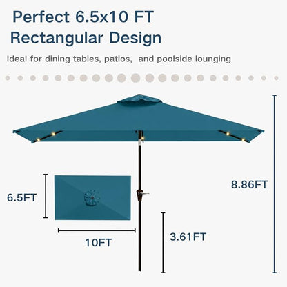 6.5 x 10ft Rectangular Patio Umbrella with Solar Lights, 16 LED Lighted Market Umbrella with Push-Button Tilt and Crank, 6 Sturdy Iron Ribs for Garden, Deck, Pool, Lake Blue