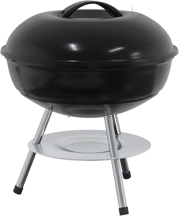 Portable Charcoal Grill for Outdoor Cooking, Compact Round BBQ Barbecue Grill with Lid, Air Vent, Ash Basin and Cooking Grate for Garden, Patio, Camping, Backyard, Black, 14.37 x 14.37 x 15.75 in