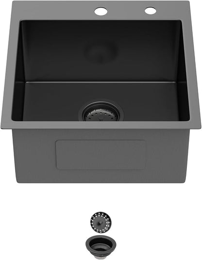 18 In Gunmetal Black Drop Bar Sink 18 x 18 Inch Kitchen Sink 18 Gauge Stainless Steel Single Bowl Topmount Handmade Sink for Outdoor, RV, 18x18x9