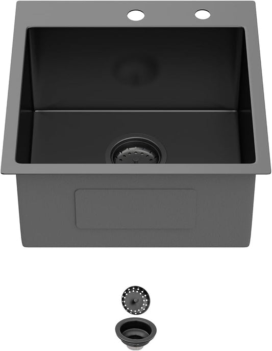 18 In Gunmetal Black Drop Bar Sink 18 x 18 Inch Kitchen Sink 18 Gauge Stainless Steel Single Bowl Topmount Handmade Sink for Outdoor, RV, 18x18x9