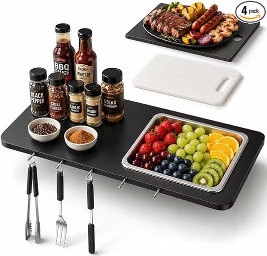 QuliMetal Folding Front Shelf for Weber Searwood XL 600, 35" x 12.5" Grill Prep Table with Stainless Steel Basin, Cutting Board, Lid and 5 Hooks, Heavy-Duty Front Grill Table Accessory