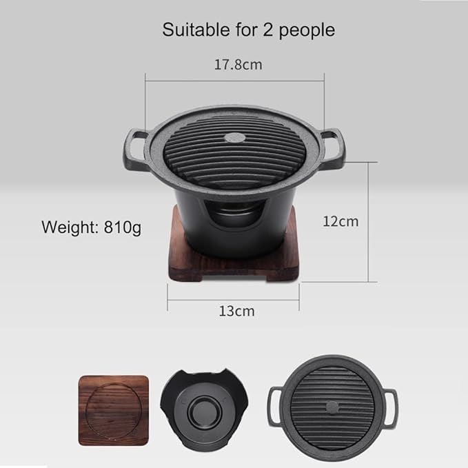 Charcoal Grill with Non-Stick Baking pan, Indoor Mini Barbecue Grill, with Wooden Base for Picnic Garden Balcony Camping (Black 17.8 * 12cm)
