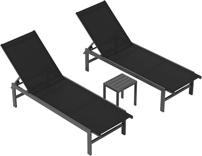 Vexwalx Outdoor Lounge Chairs Set of 3, Aluminum Chaise Lounge Chairs with 5-Position Recliner, Patio Lounge Chair for Backyard, Poolside, Deck, Lawn (Black)