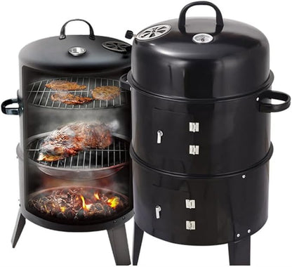 Outdoor Double-Layer Grill, Charcoal Wood Fired Braising and Smoking Stove, Black Steel American Traditional Style for Garden & Outdoor Use