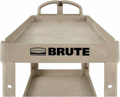 Rubbermaid Commercial Products BRUTE Heavy Duty 2-Shelf Utility/Service Cart, Medium, Lipped Shelves, Ergonomic Handle, 500 lbs. Capacity, Beige, for Warehouse/Garage/Cleaning/Maintenance