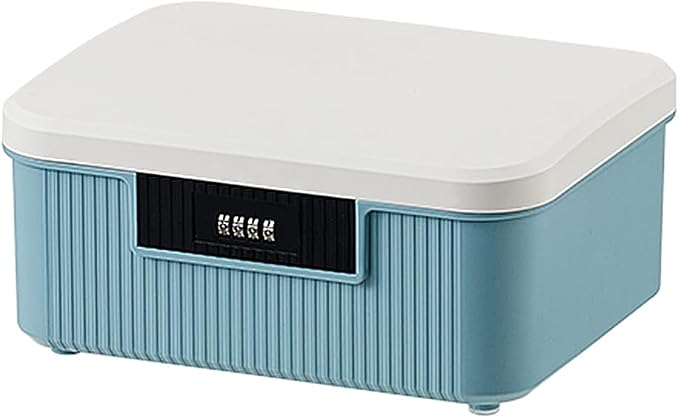 RUIAN Lockable Storage Container Bin, 2.3 Gallon Security Portable Combination Lock Plastic Box, Locked Security Box Suitable for Storing Important Items and Documents (White Blue)