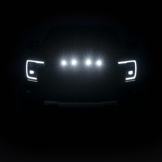 4pc White LED Front Grille Lights Compatible with 2022-2025 Ford Next-Gen Ranger Raptor Trucks, Smoked Lens, Seamlessly Integrates with AUX Switch (White, 4 LED)