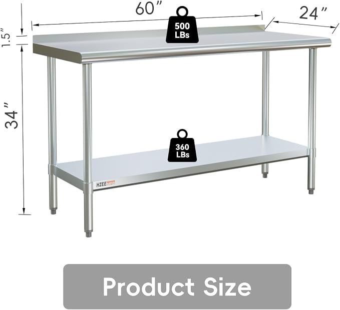 Stainless Steel Table with Backsplash 60x24 Inches 5ft for Prep | Heavy Duty Metal Workbench for Commercial Kitchen Restaurant Laundry Garage Home Hotel Workshop Chef Homemaker