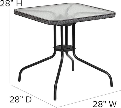 Flash Furniture Lila 28'' Square Glass Metal Table with Gray Rattan Edging and 2 Gray Rattan Stack Chairs