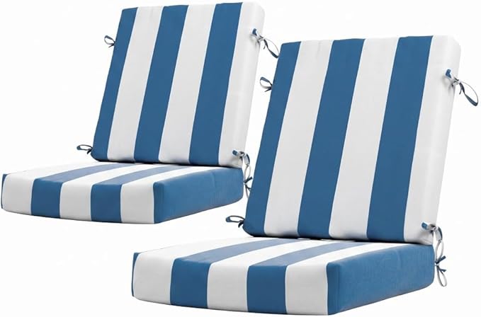 California Umbrella Outdoor Dining Chair, Set of 2 Patio Seat Cushions, 20 x 40 Inch, Premium Outdoor Memory Foam, Fade Resistant, Sunbrella Fabric, Fabric Ties, Cabana Regatta