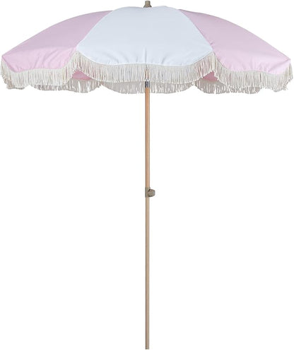 Tempera 7ft Boho Beach & Patio Umbrella with Fringe, Market Umbrellas with UPF 50+ UV & Water-Resistant Canopy, 1.5" Wood Pole & Button Tilt.