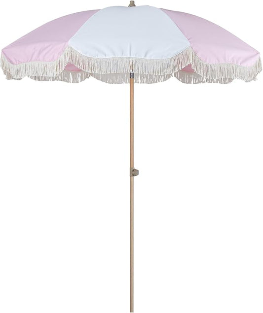Tempera 7ft Boho Beach & Patio Umbrella with Fringe, Market Umbrellas with UPF 50+ UV & Water-Resistant Canopy, 1.5" Wood Pole & Button Tilt.