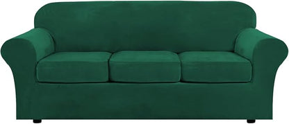 H.VERSAILTEX Modern Velvet Plush 4 Piece High Stretch Sofa Slipcover Sofa Cover Furniture Protector Form Fit Thick Velvet Sofa Cover for 3 Cushion Couch Width Up to 90 Inch (Sofa,Vintage Green)