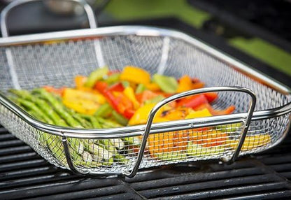 TableCraft BBQ Rectangular Grilling Basket with Handle, Silver, Medium