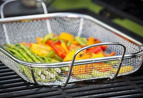 TableCraft BBQ Rectangular Grilling Basket with Handle, Silver, Medium