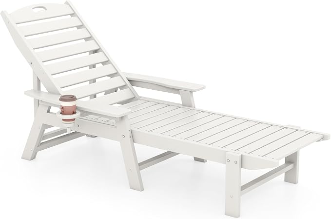 Giantex Lounge Chair Outdoor, Oversized Chaise Lounge Chair with 4-Position Backrest, Rotatory Cup Holder, Weatherproof HDPE Patio Lounge Chair for Outside Garden Deck Poolside Backyard, White (1)