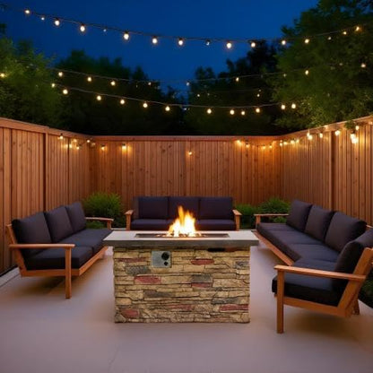 42" Propane Gas Fire Pit Table, 50,000 BTU Outdoor Patio Fire Pit, Concrete Fire Pit with Realistic Stone Base, Stainless Steel Burner, Glass Rocks & Tank Storage for Deck Backyard Garden