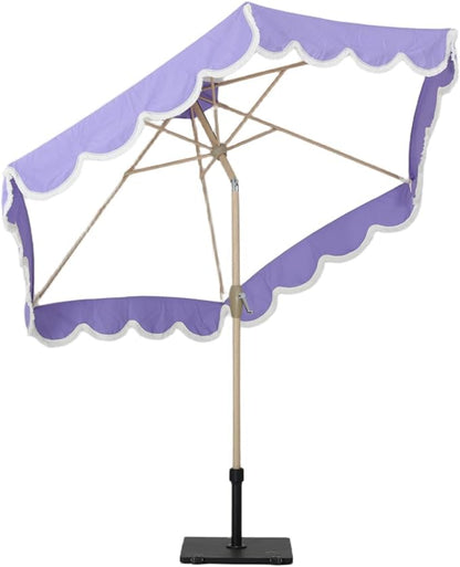 Tempera 9ft Beige Spliced Purple Tassels Scallop Patio umbrella,Outdoor Table Market Umbrellas with Crank & Pust Button Tilt, Wood Color Pole and 8 Steel Ribs