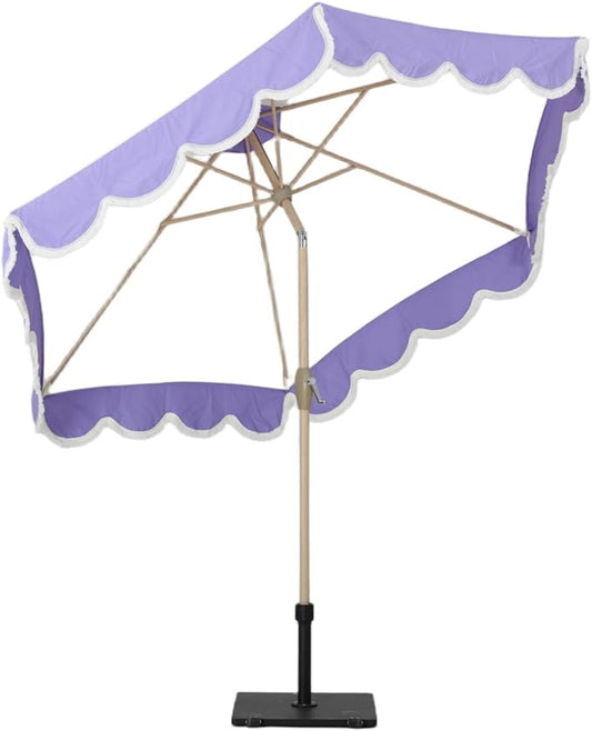 Tempera 9ft Beige Spliced Purple Tassels Scallop Patio umbrella,Outdoor Table Market Umbrellas with Crank & Pust Button Tilt, Wood Color Pole and 8 Steel Ribs