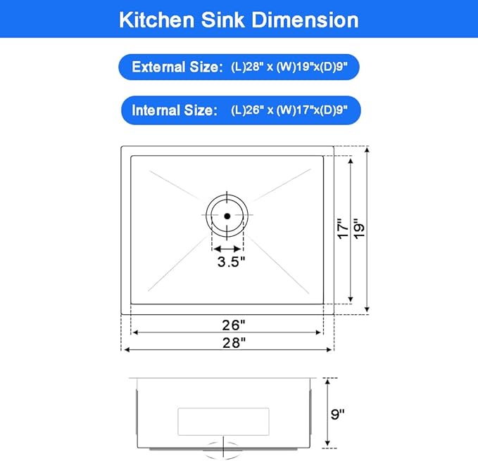 28 x 19 Inch Undermount Kitchen Bar Sink, Handmade Single Bowl 304 Stainless Steel Wet RV Sinks, Indoor and Outdoor Deep Kitchen Laundry Basin with Accessories