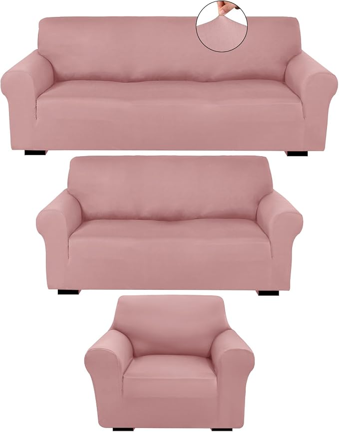Peryiter 3 Pcs Couch and Loveseat Sofa Covers,Light Pink,Milk Silk | Armchair Covers for Living Room, Sofa Cushion Slipcover, Furniture Protector, Polyester and Spandex, Washable